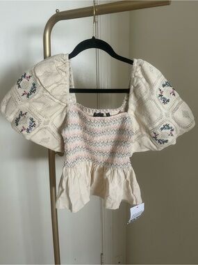 ASOS DESIGN Cottagecore Embroidered Puff Sleeve Smocked Peplum Top NWT